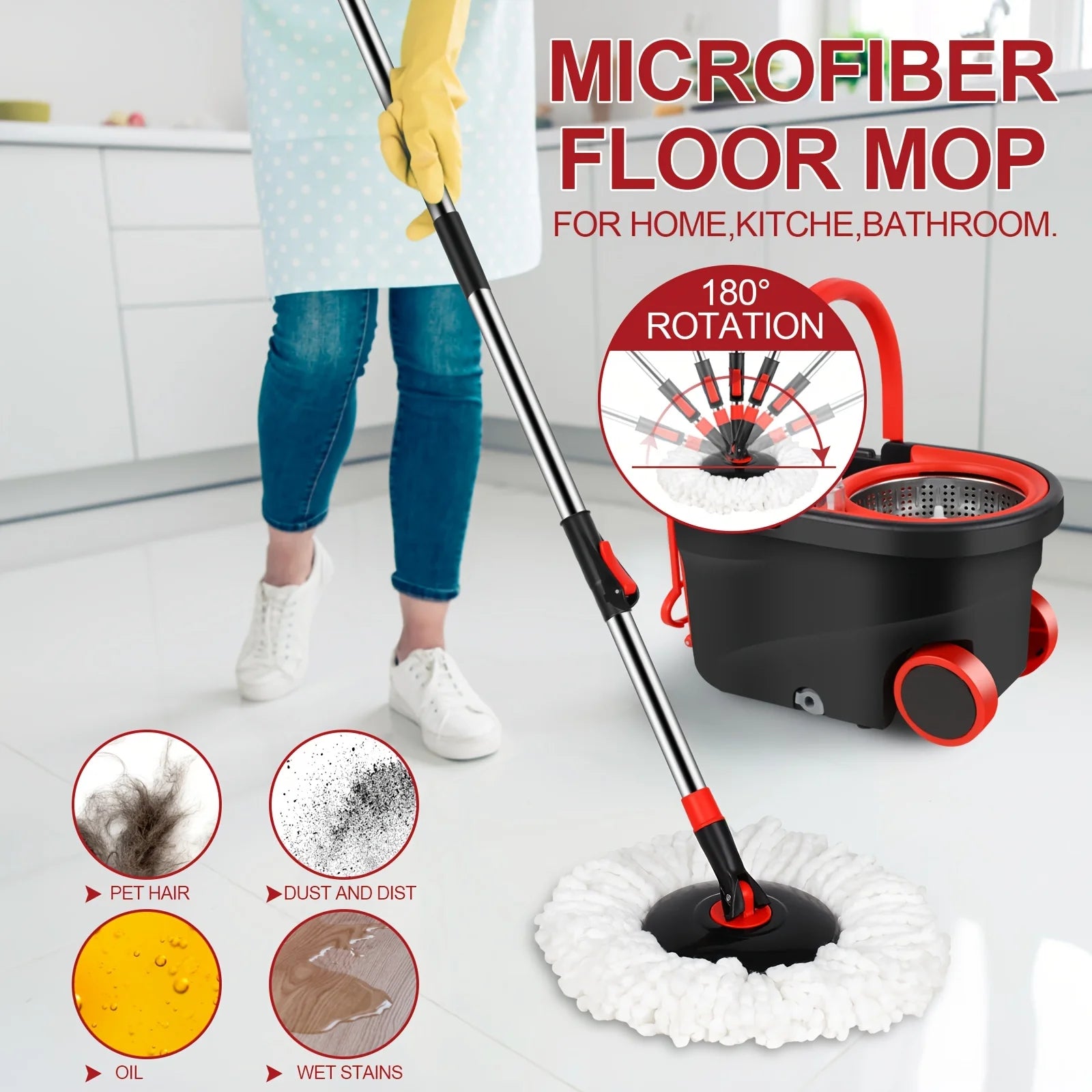 Spin Mop and Bucket Set with Wringer 360° Spinning, Adjustable Handle Stainless Steel