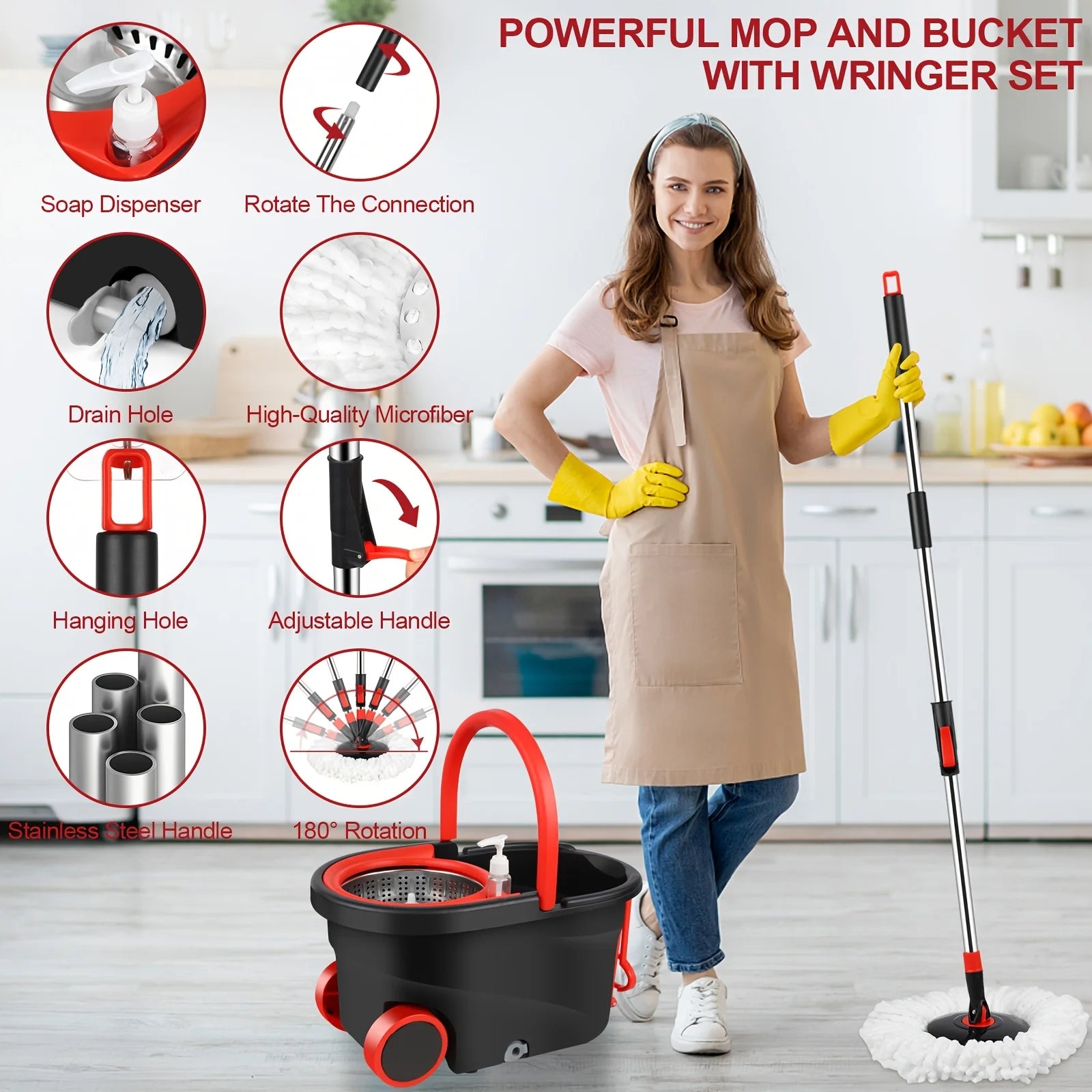 Spin Mop and Bucket Set with Wringer 360° Spinning, Adjustable Handle Stainless Steel
