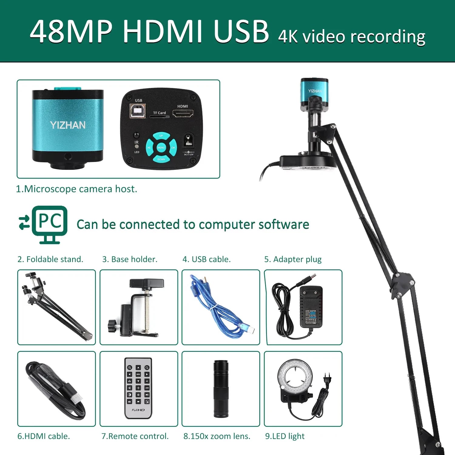 YIZHAN 48MP 4K Electronics Soldering Microscope FULL HD 1080P HDMI Camera Software 1-150x Lens Stand