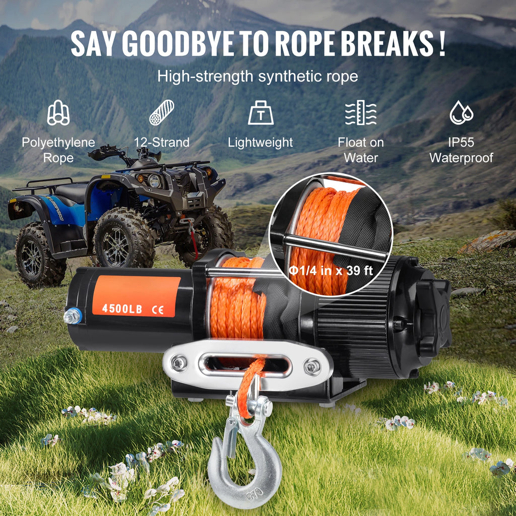SucceBuy 4500lbs ATV/UTV Electric Winch 12V with 39ft Synthetic Rope Wireless & Wired Remote Control IP55