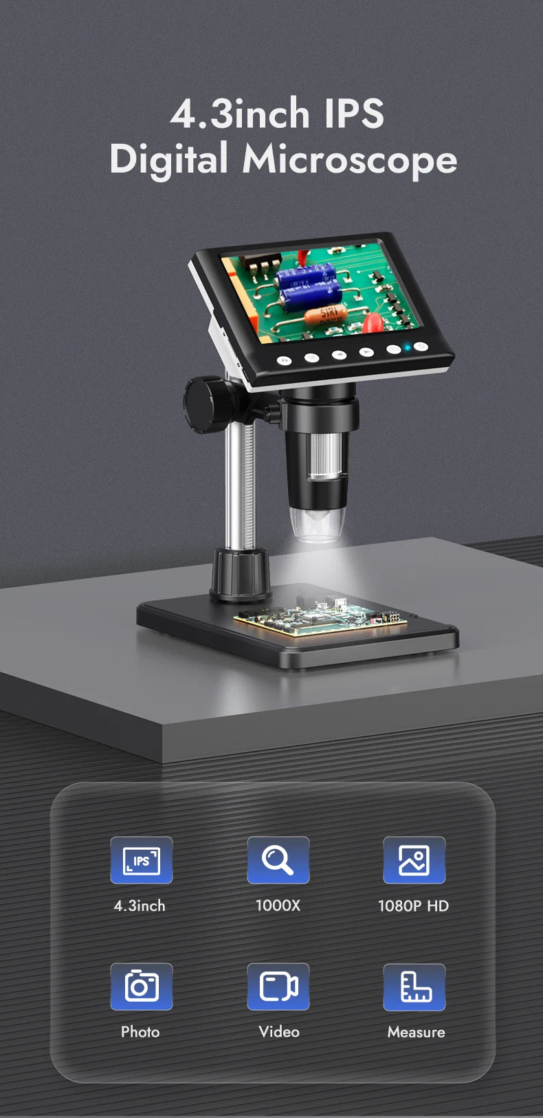 Hayve 4.3'' Digital Microscope 1000X Coin , 1080P Video MicroscopeWith 8 LEDs , PC View
