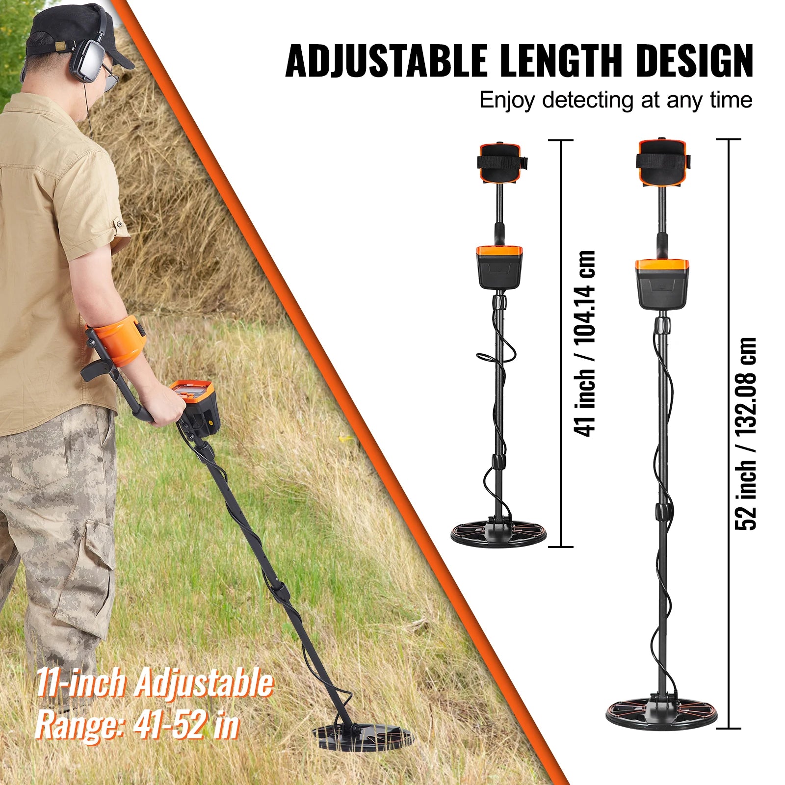 VEVOR Metal Detector, 10Inch Waterproof Search Coil with LCD Display 7 Modes Adjustable 41''-52'' Aluminum Stem