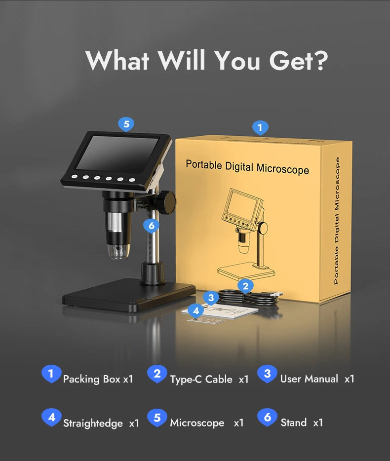 Hayve 4.3'' Digital Microscope 1000X Coin , 1080P Video MicroscopeWith 8 LEDs , PC View