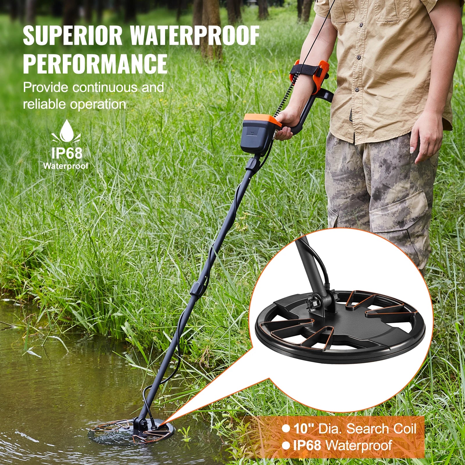 VEVOR Metal Detector, 10Inch Waterproof Search Coil with LCD Display 7 Modes Adjustable 41''-52'' Aluminum Stem
