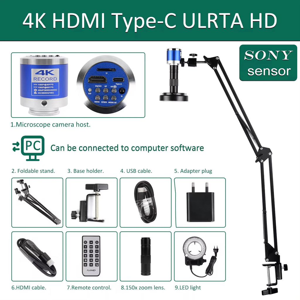 YIZHAN 48MP 4K Electronics Soldering Microscope FULL HD 1080P HDMI Camera Software 1-150x Lens Stand