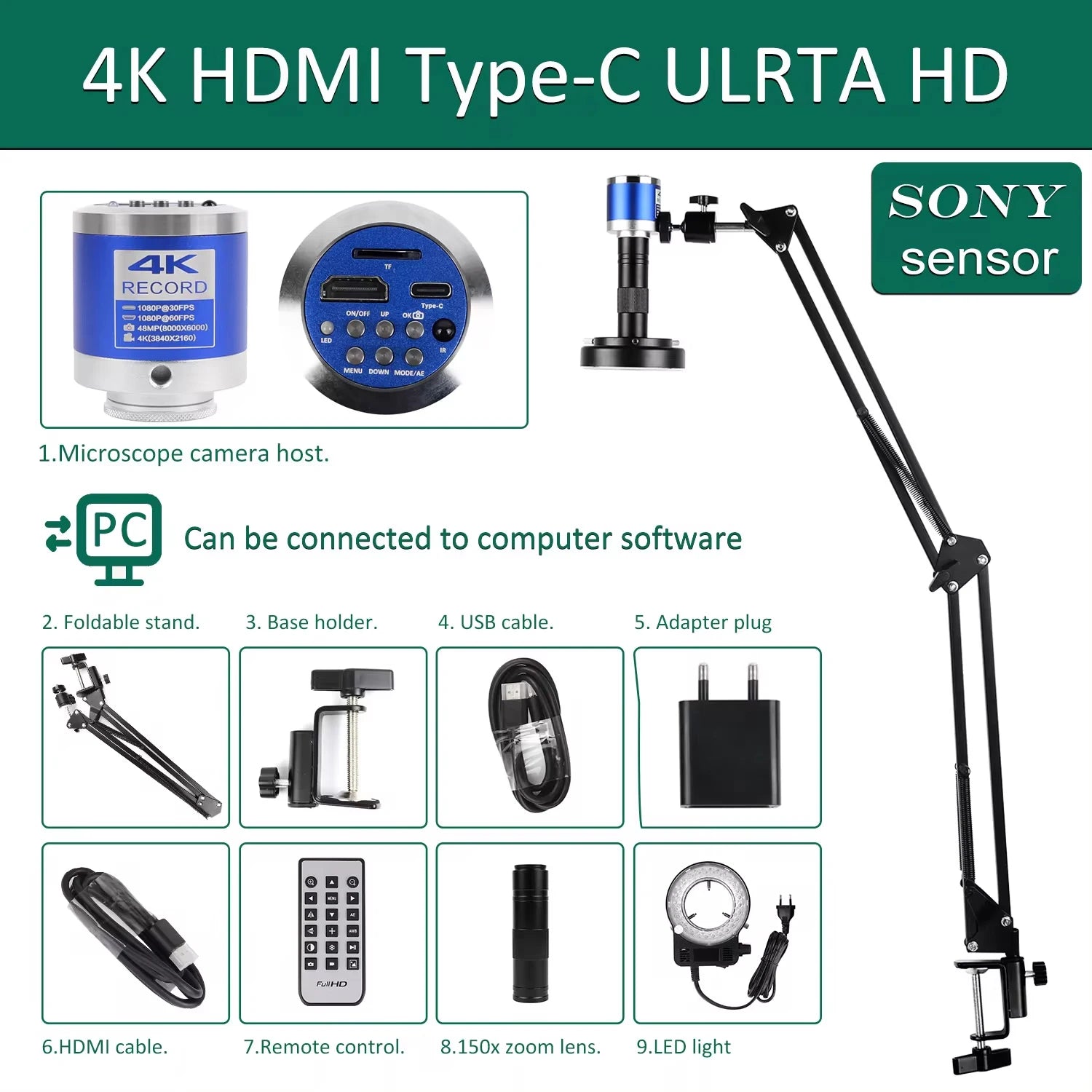 YIZHAN 48MP 4K Electronics Soldering Microscope FULL HD 1080P HDMI Camera Software 1-150x Lens Stand