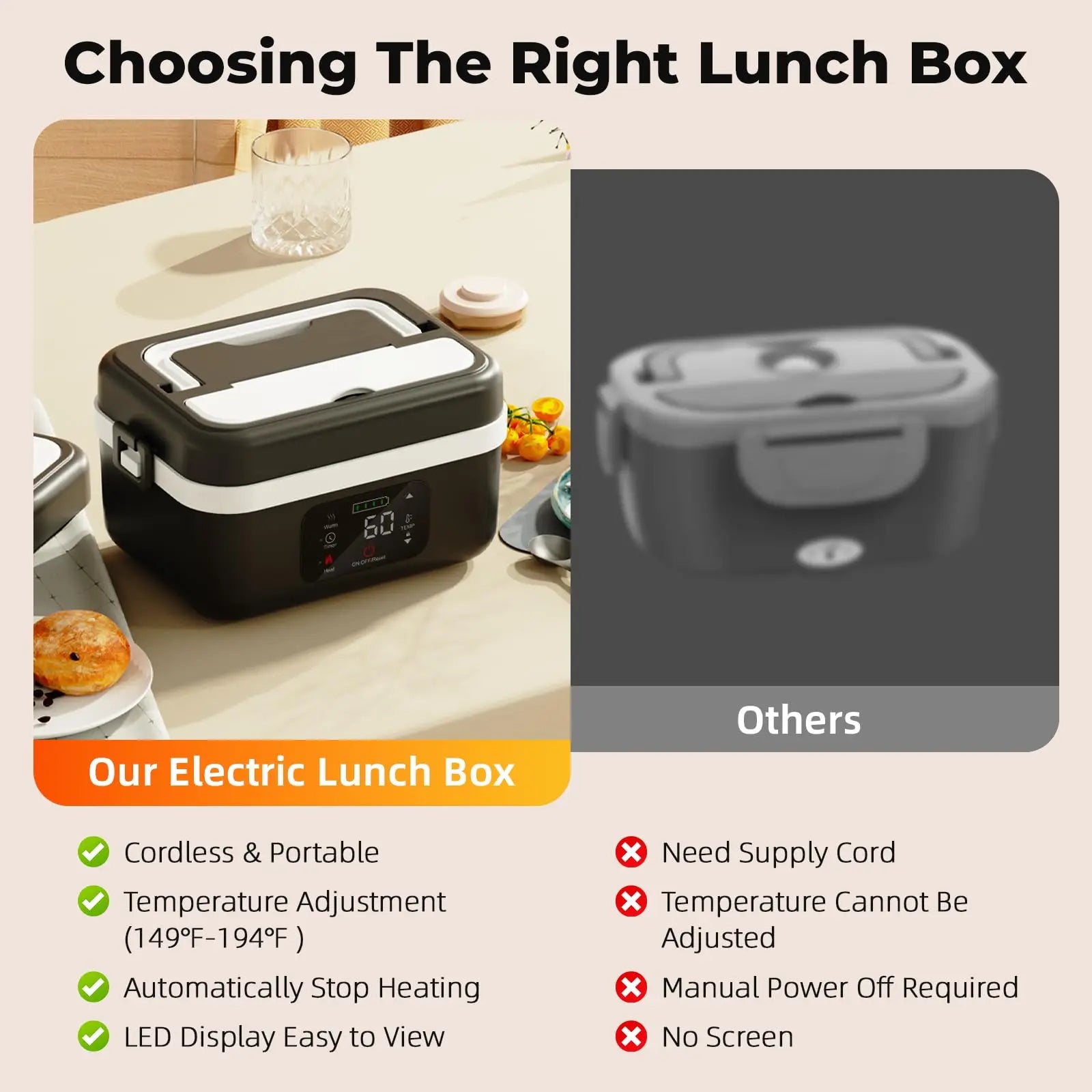 XL Wireless Electric Insulated Lunch Box - Built-in 8000mAh Battery, 60W, 1L Stainless Steel Lunch Box