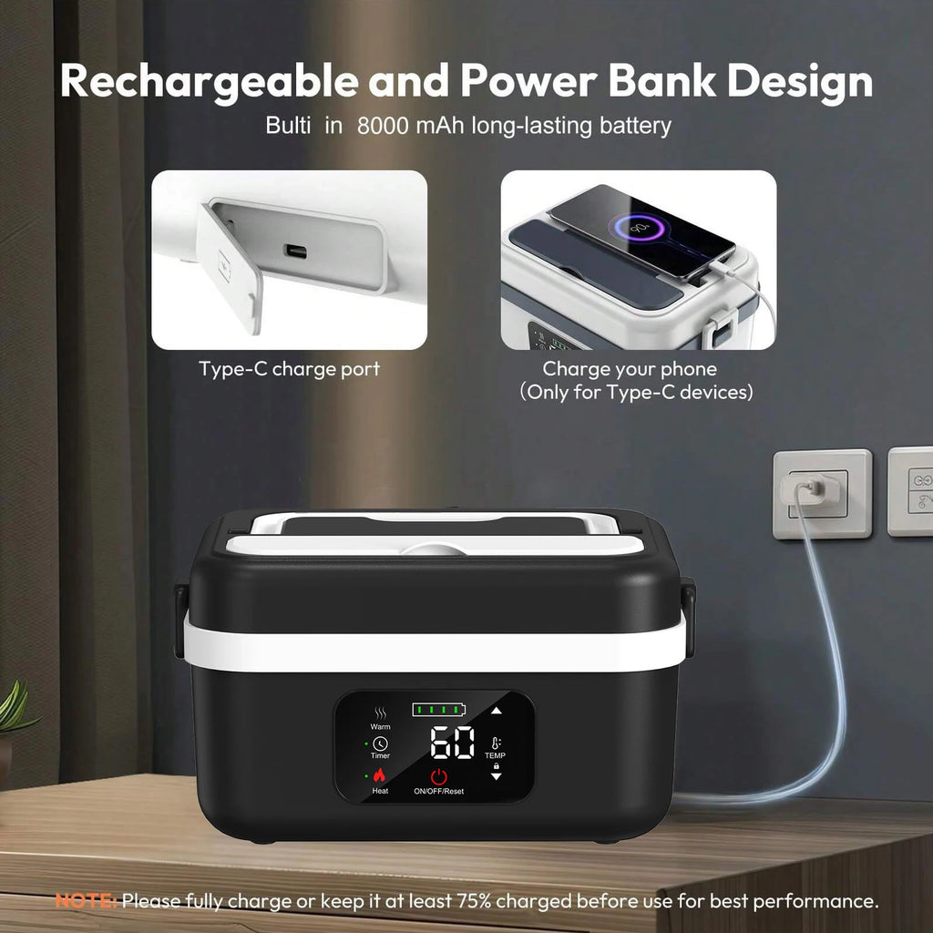 XL Wireless Electric Insulated Lunch Box - Built-in 8000mAh Battery, 60W, 1L Stainless Steel Lunch Box