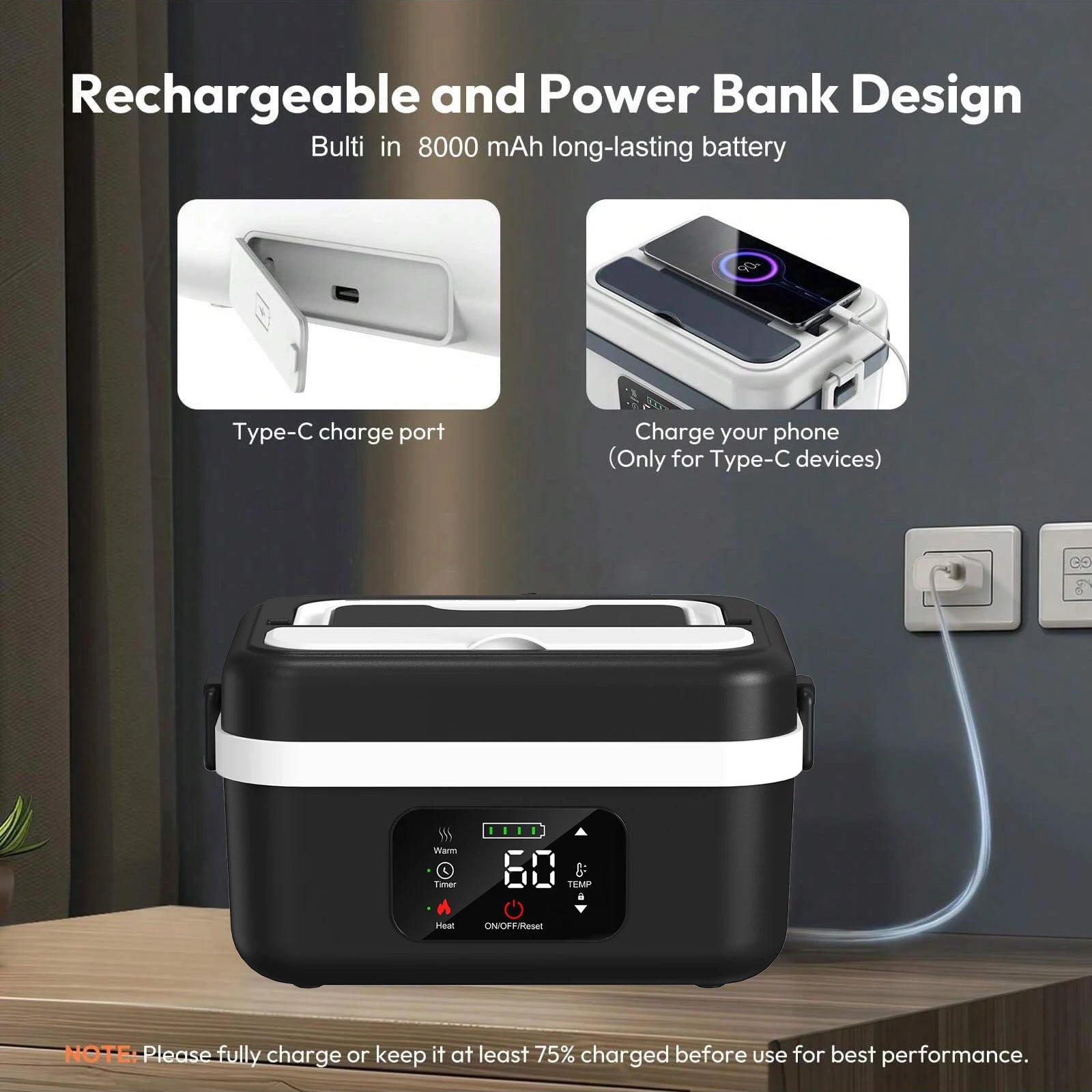 XL Wireless Electric Insulated Lunch Box - Built-in 8000mAh Battery, 60W, 1L Stainless Steel Lunch Box