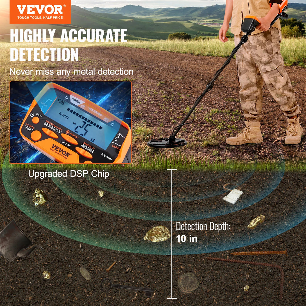 VEVOR Metal Detector, 10Inch Waterproof Search Coil with LCD Display 7 Modes Adjustable 41''-52'' Aluminum Stem
