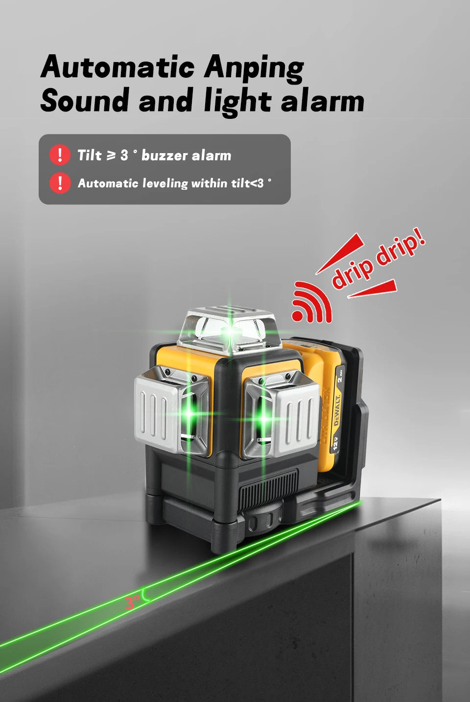 Dewalt DW089LG 12-Line Green Beam Laser Level - 360° 3-Side Coverage, 12V Li-Ion.