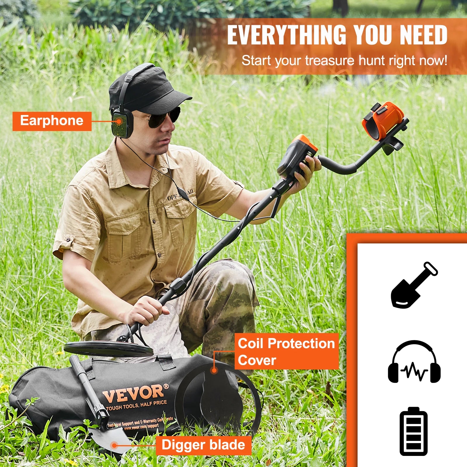 VEVOR Metal Detector, 10Inch Waterproof Search Coil with LCD Display 7 Modes Adjustable 41''-52'' Aluminum Stem