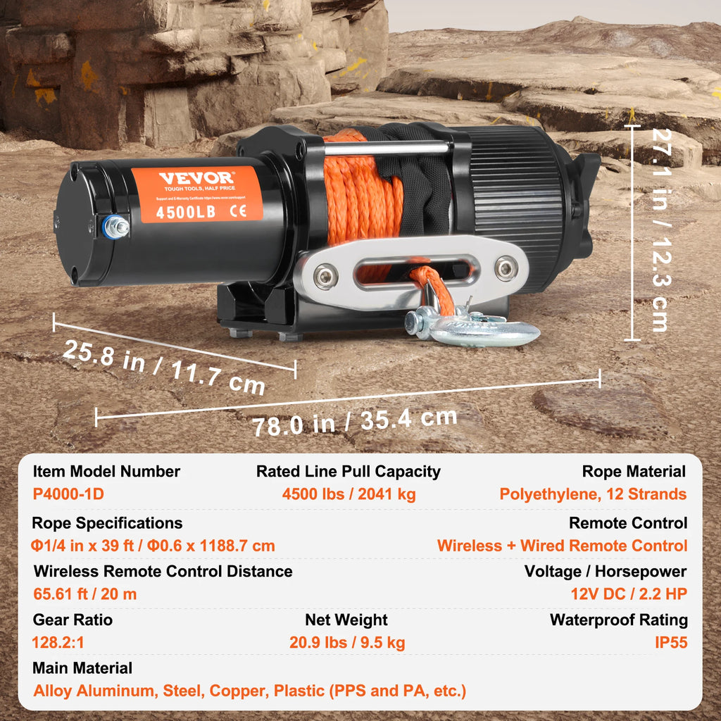 SucceBuy 4500lbs ATV/UTV Electric Winch 12V with 39ft Synthetic Rope Wireless & Wired Remote Control IP55