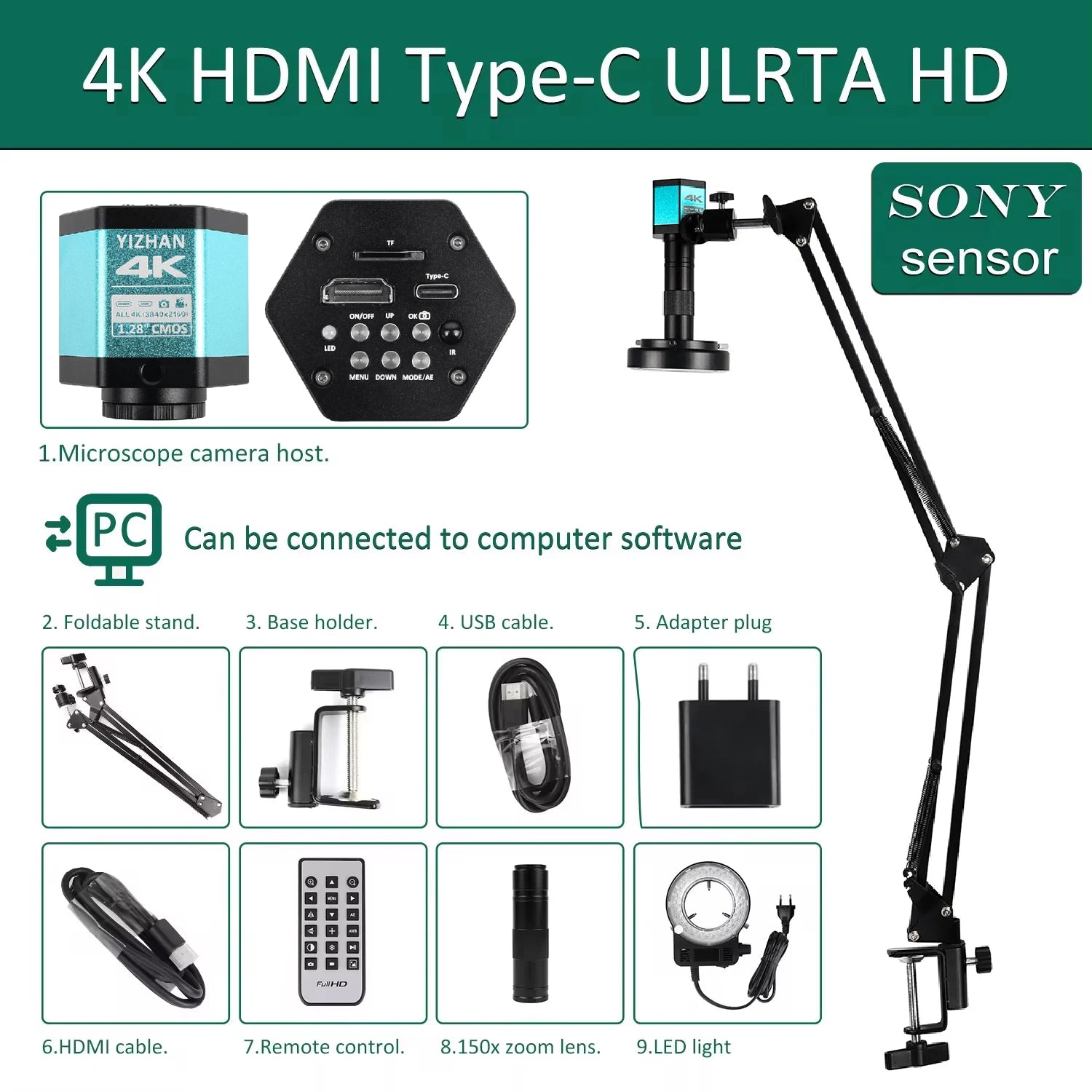 YIZHAN 48MP 4K Electronics Soldering Microscope FULL HD 1080P HDMI Camera Software 1-150x Lens Stand