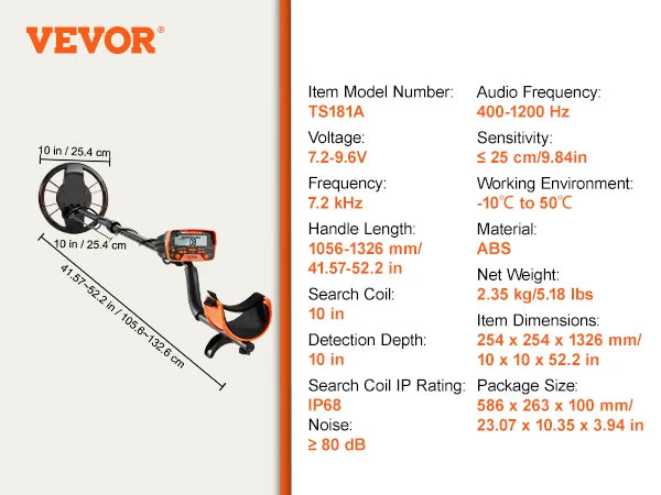 VEVOR Metal Detector, 10Inch Waterproof Search Coil with LCD Display 7 Modes Adjustable 41''-52'' Aluminum Stem