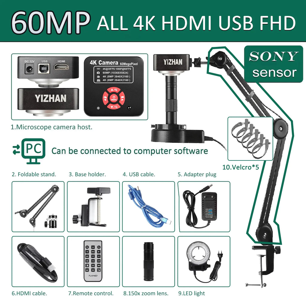 YIZHAN 48MP 4K Electronics Soldering Microscope FULL HD 1080P HDMI Camera Software 1-150x Lens Stand