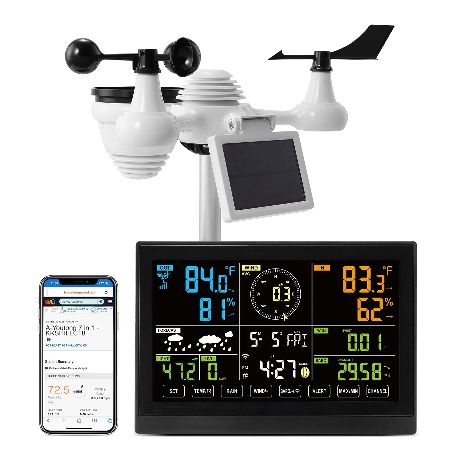 SucceBuy 7-in-1 Wi-Fi Weather Station Solar Wireless Outdoor Sensor Alarm Alerts for Temperature Humidity