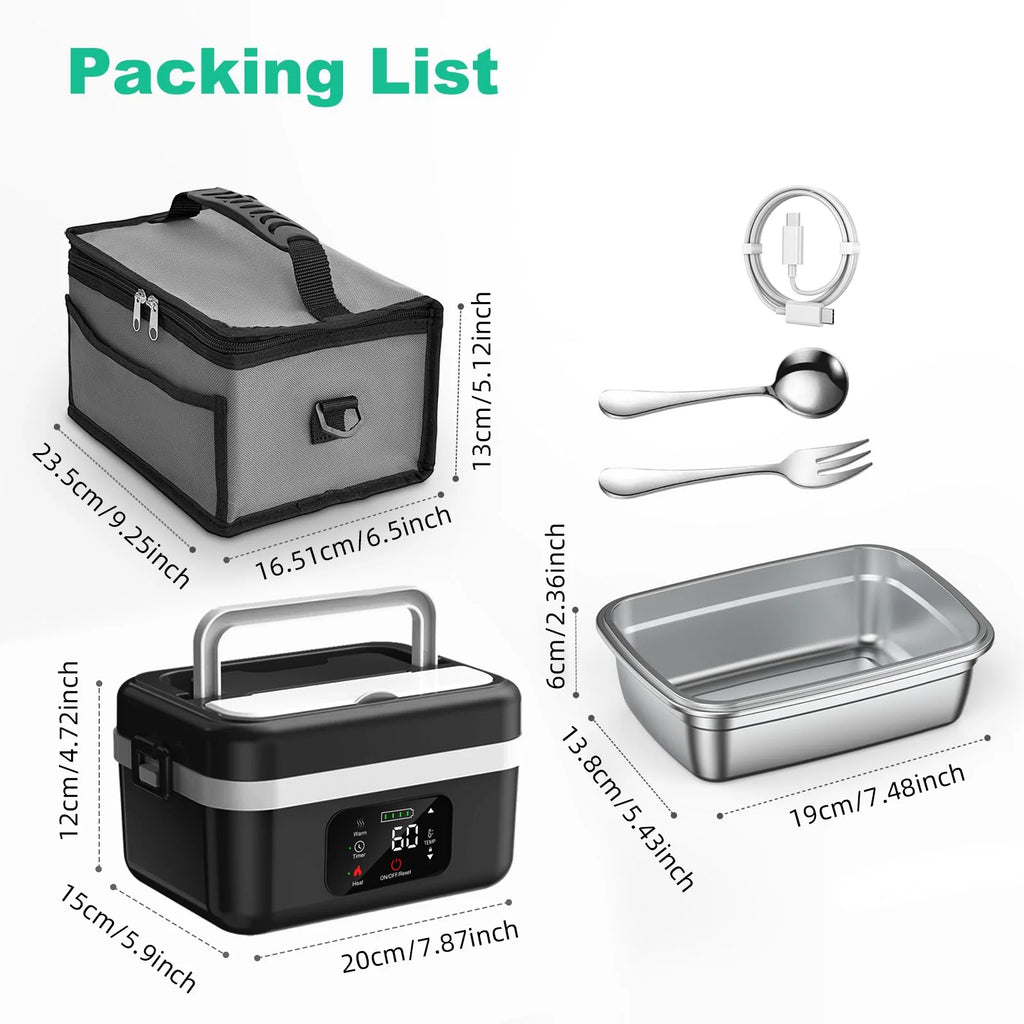 XL Wireless Electric Insulated Lunch Box - Built-in 8000mAh Battery, 60W, 1L Stainless Steel Lunch Box