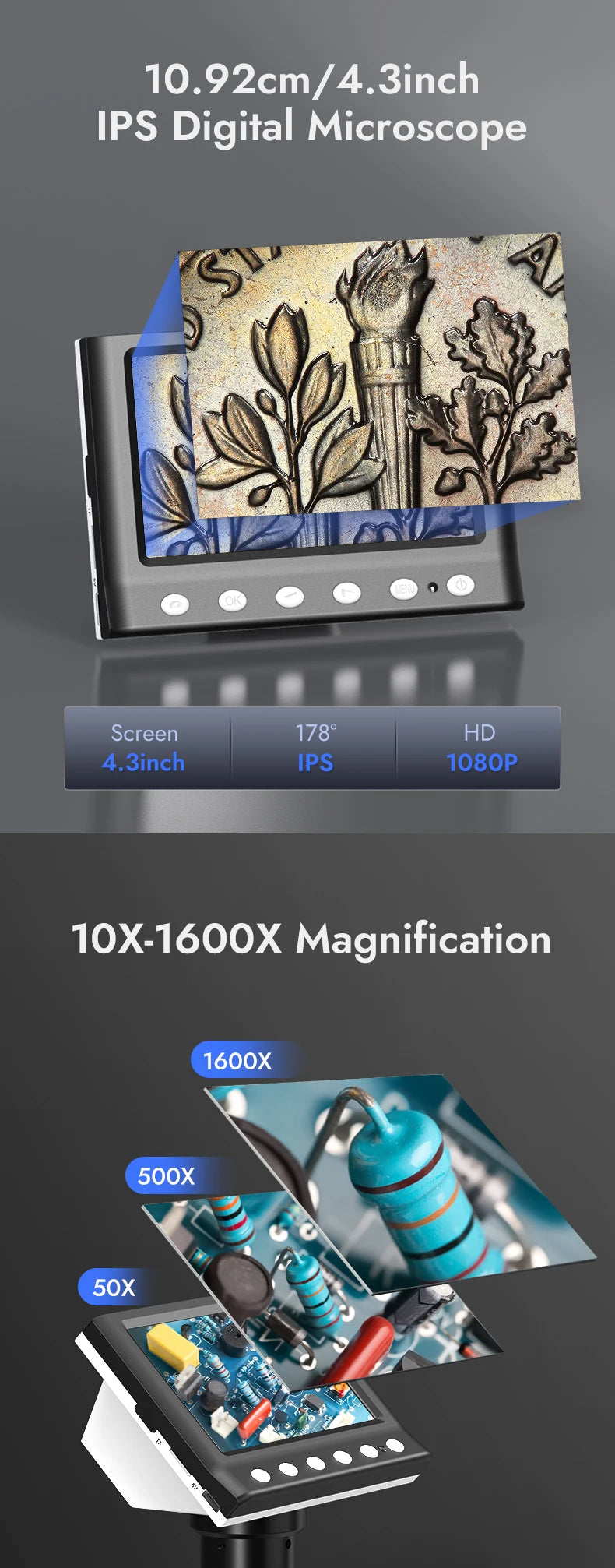Hayve 4.3'' Digital Microscope 1000X Coin , 1080P Video MicroscopeWith 8 LEDs , PC View
