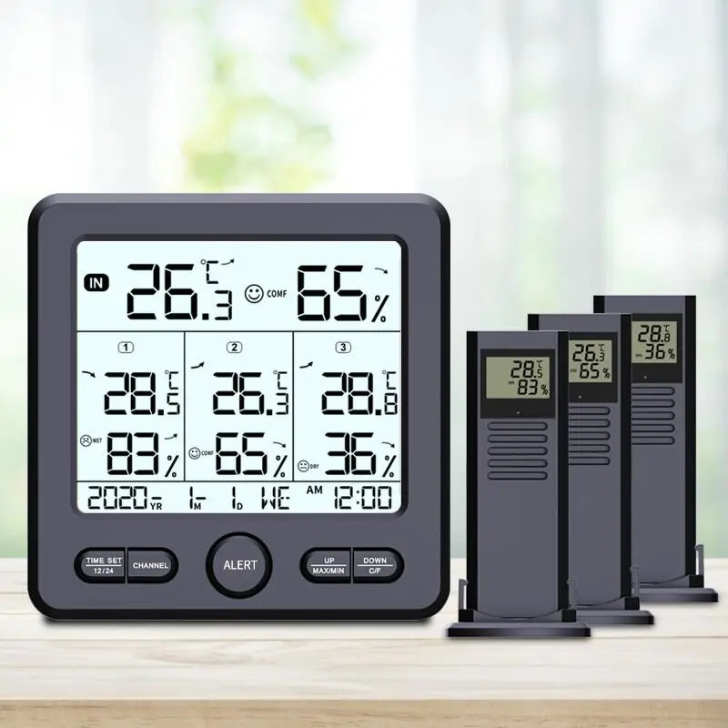 Wireless Weather Station Indoor/Outdoor Thermometer & Digital Hygrometer With 3pcs Remote Sensors