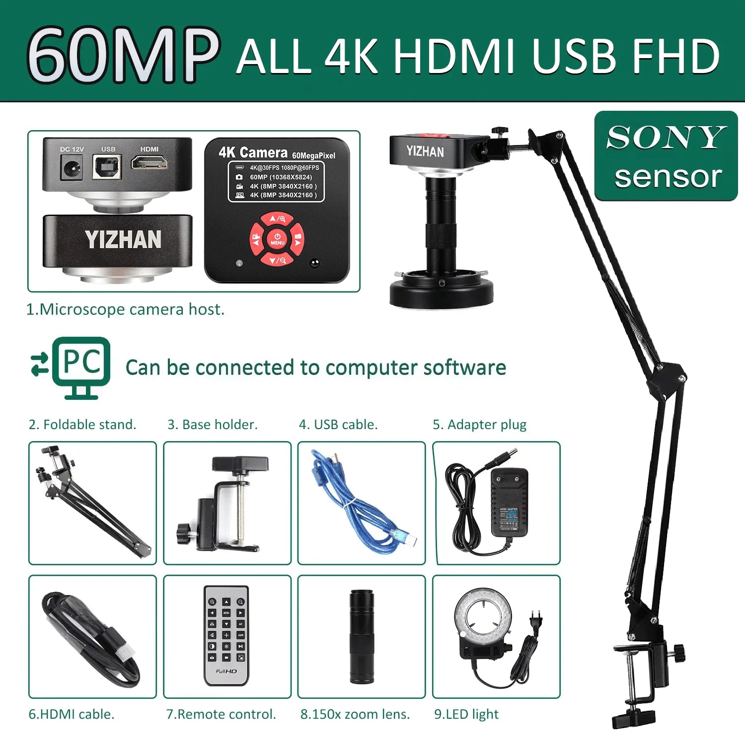YIZHAN 48MP 4K Electronics Soldering Microscope FULL HD 1080P HDMI Camera Software 1-150x Lens Stand