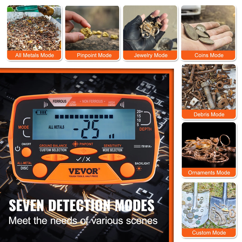 VEVOR Metal Detector, 10Inch Waterproof Search Coil with LCD Display 7 Modes Adjustable 41''-52'' Aluminum Stem