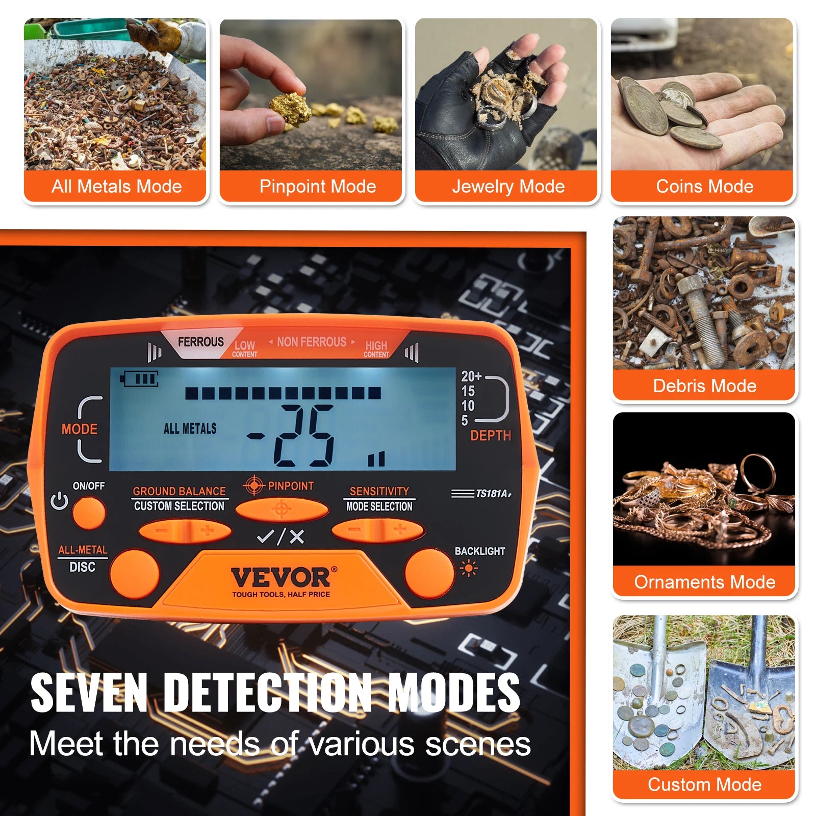 VEVOR Metal Detector, 10Inch Waterproof Search Coil with LCD Display 7 Modes Adjustable 41''-52'' Aluminum Stem