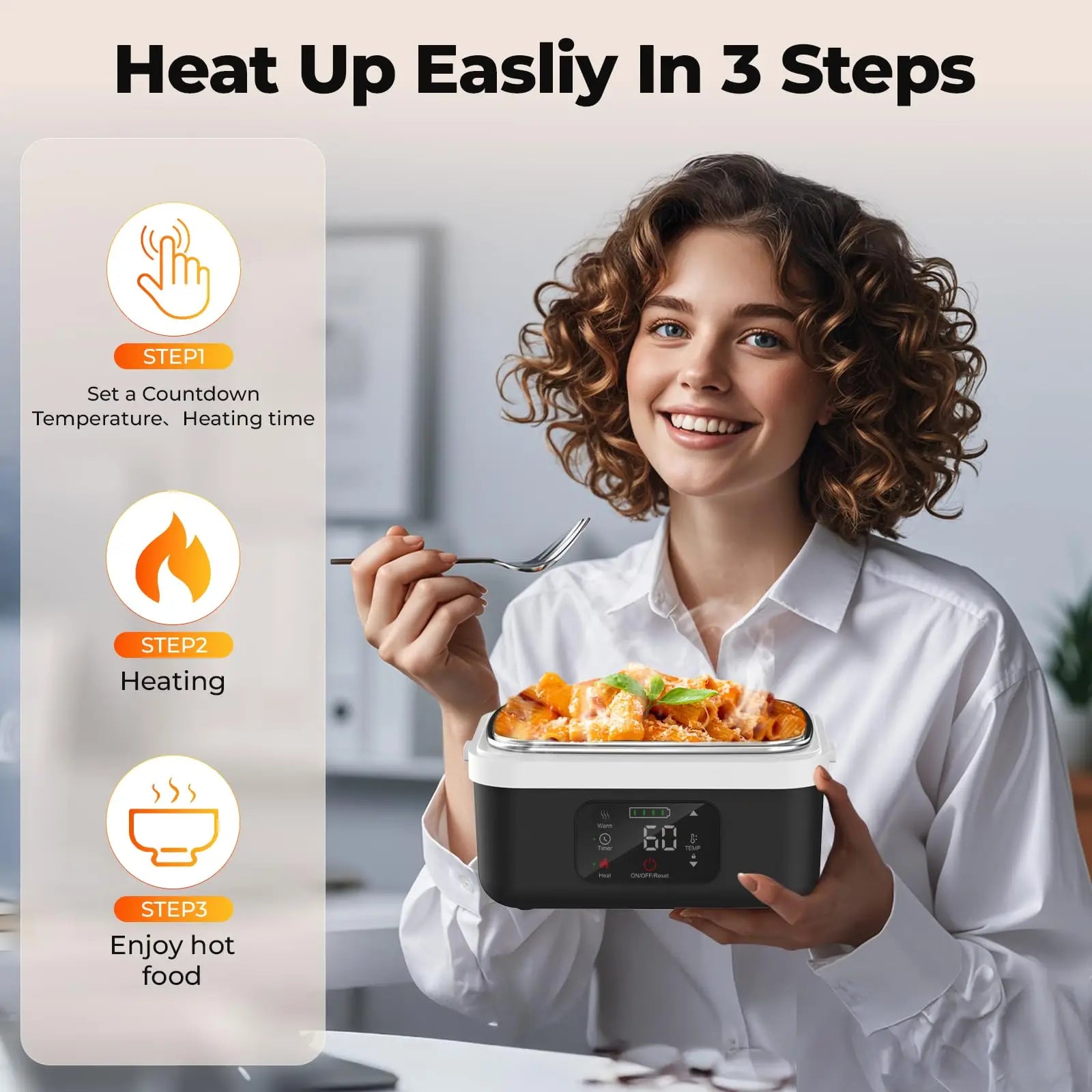 XL Wireless Electric Insulated Lunch Box - Built-in 8000mAh Battery, 60W, 1L Stainless Steel Lunch Box