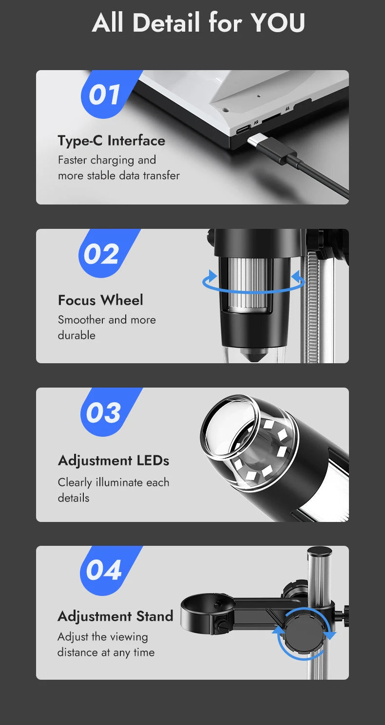 Hayve 4.3'' Digital Microscope 1000X Coin , 1080P Video MicroscopeWith 8 LEDs , PC View