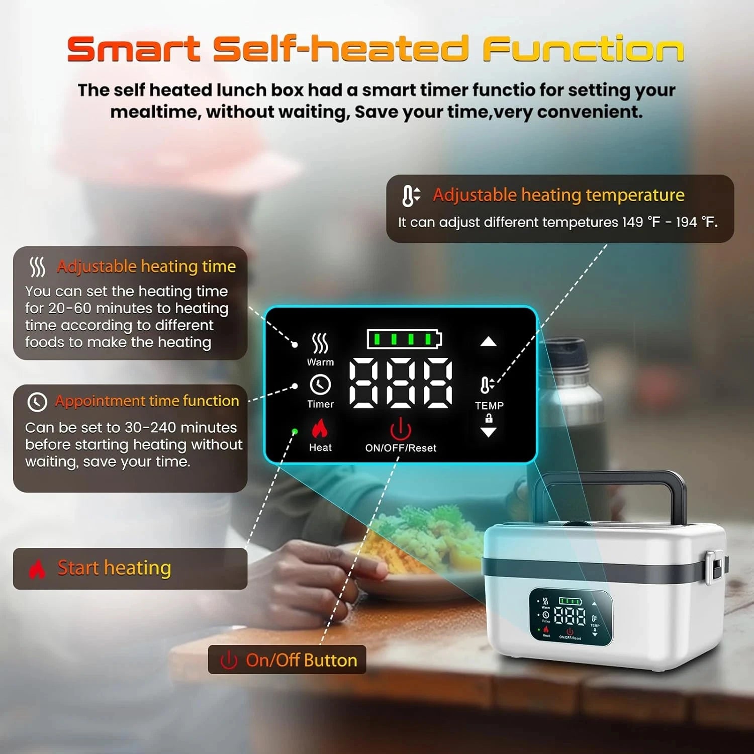 XL Wireless Electric Insulated Lunch Box - Built-in 8000mAh Battery, 60W, 1L Stainless Steel Lunch Box
