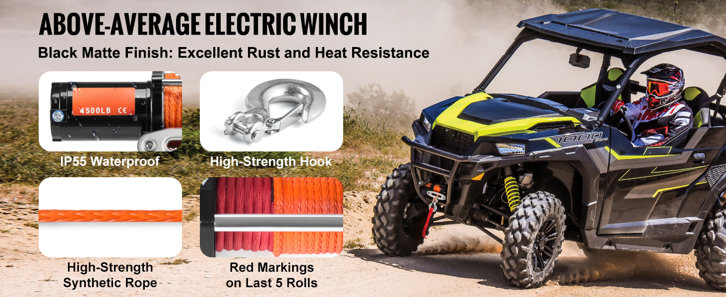 SucceBuy 4500lbs ATV/UTV Electric Winch 12V with 39ft Synthetic Rope Wireless & Wired Remote Control IP55