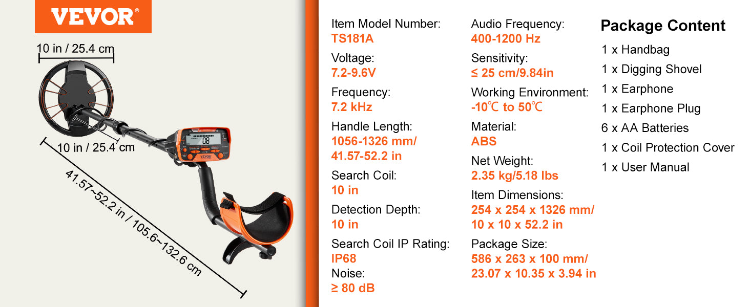 VEVOR Metal Detector, 10Inch Waterproof Search Coil with LCD Display 7 Modes Adjustable 41''-52'' Aluminum Stem