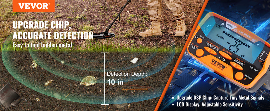 VEVOR Metal Detector, 10Inch Waterproof Search Coil with LCD Display 7 Modes Adjustable 41''-52'' Aluminum Stem