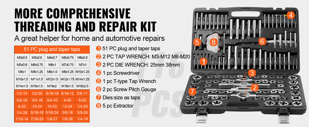 SucceBuy Tap and Die Set 40PCs 60PCs 80PCs 110/116PCs  Essential Threading Tool